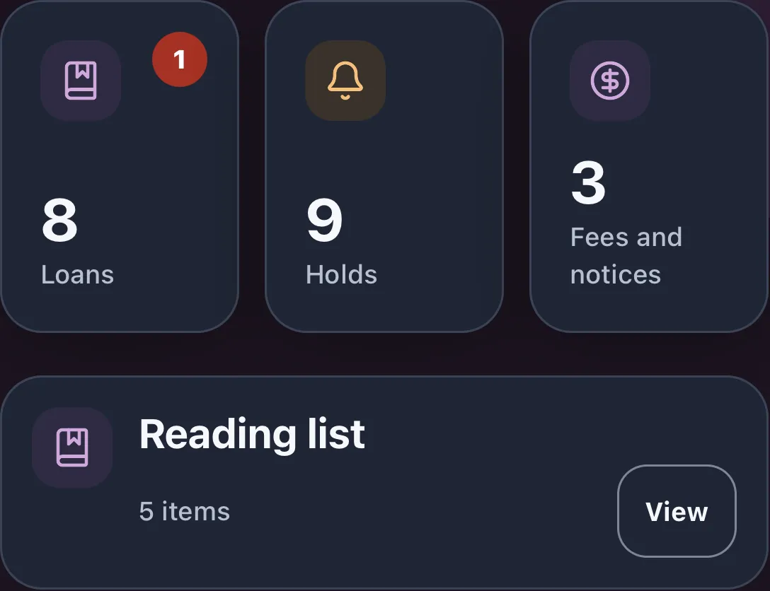 My Library account overview showing loans, holds, fees and notices, and a reading list