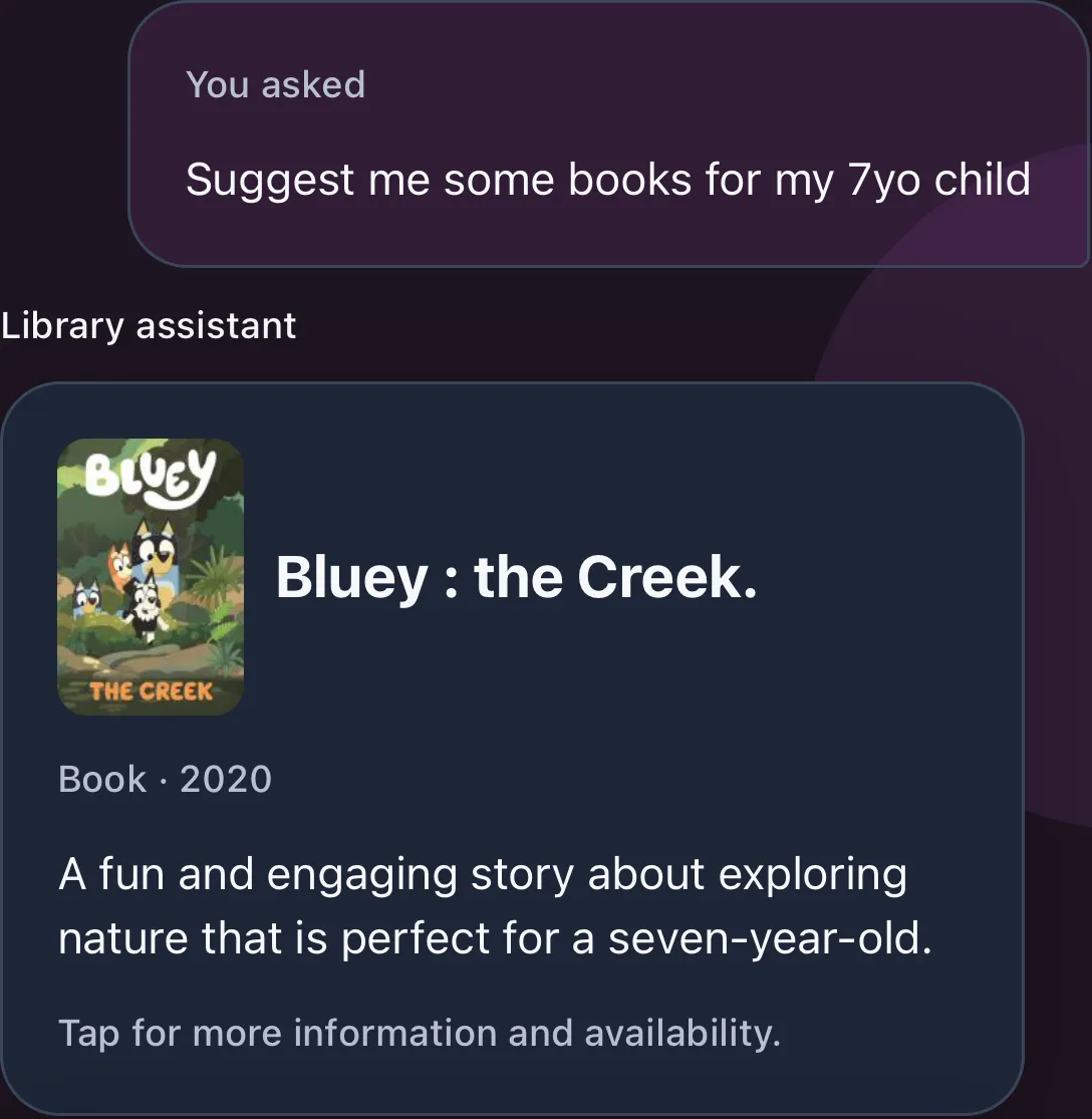 A reading question for a seven-year-old linked to a Bluey book recommendation from the library catalogue