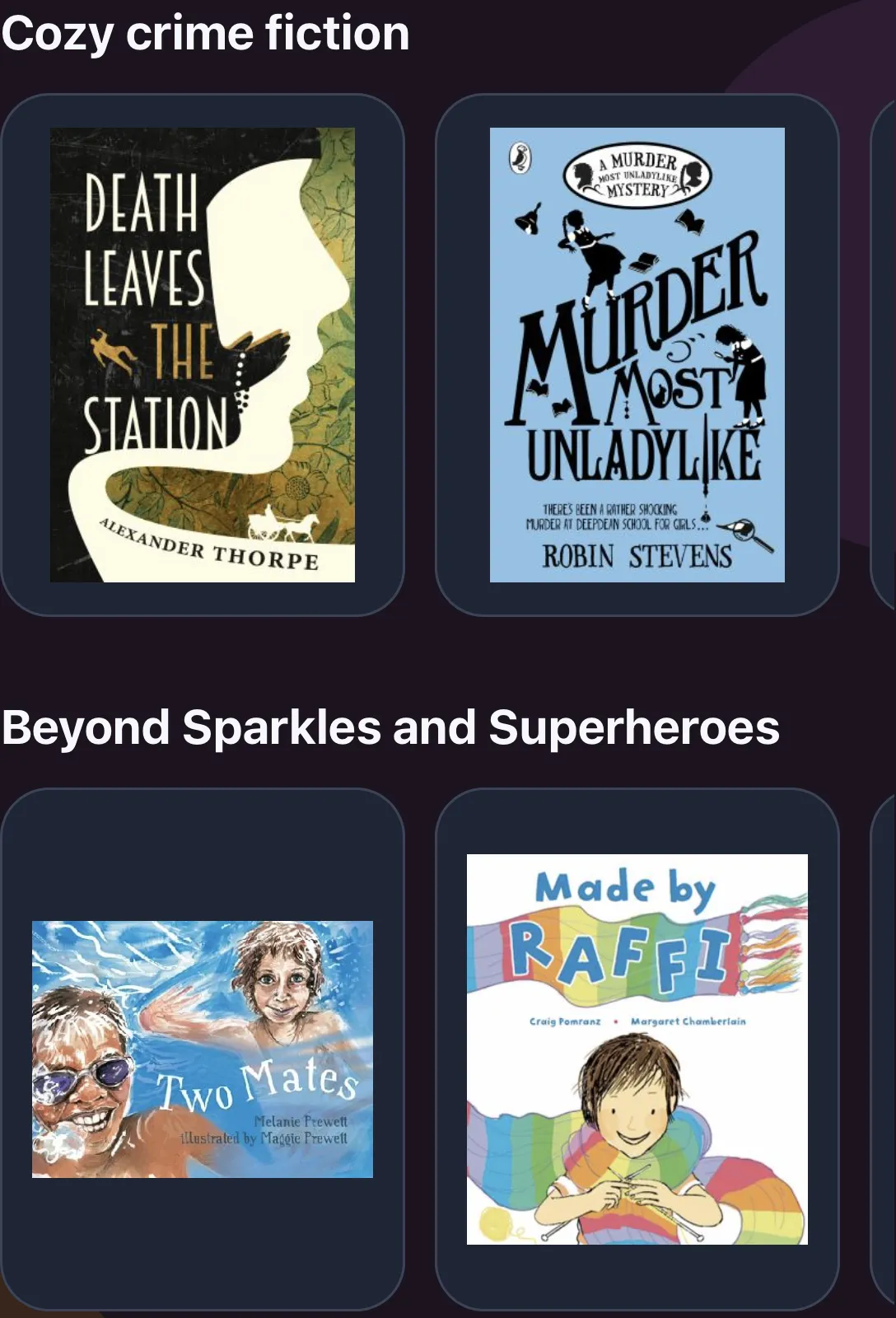 Featured book collections in Discover, including crime fiction and inclusive children’s books