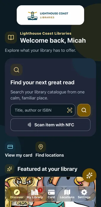 Lighthouse Coast Libraries Discover screen with catalogue search, digital card access and branch locations