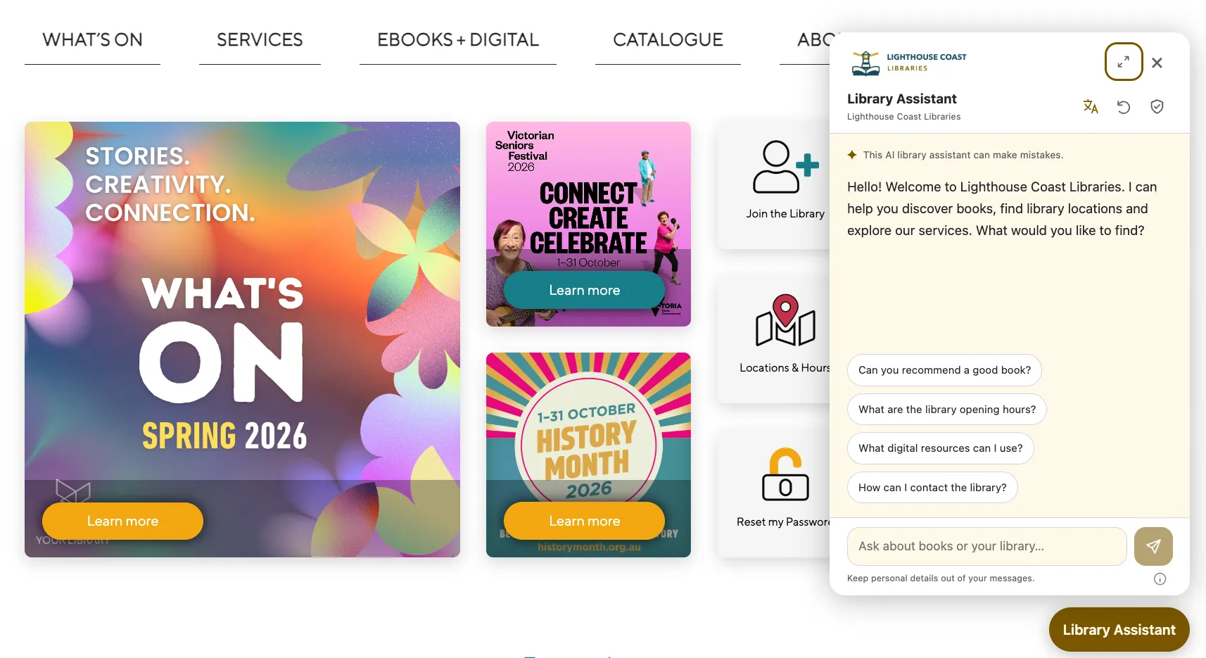 Web Assistant welcoming visitors with starter questions alongside a library website