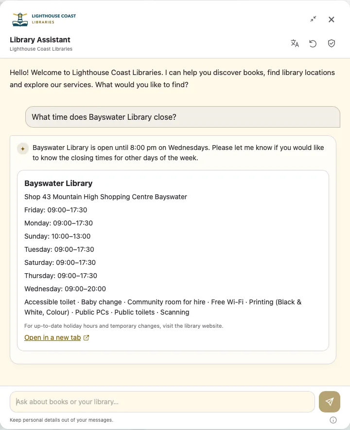 Web Assistant answering a branch closing-time question with opening hours and facilities