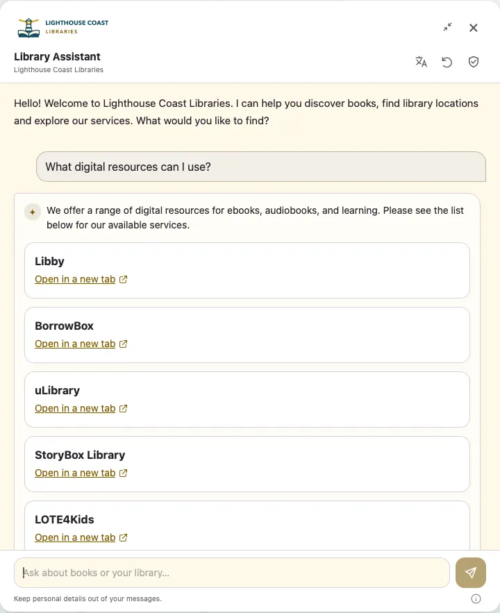 Digital resources including Libby and BorrowBox presented as useful service links